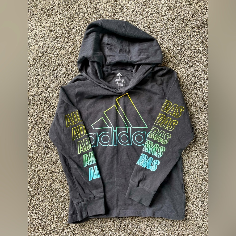 Adidas boys long sleeve black logo shirt with hood.